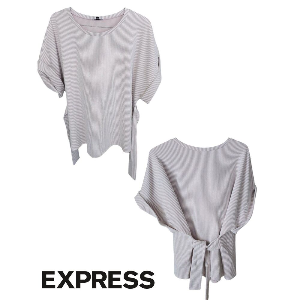 Express Women's XL Cream White Ribbed Knit Top Belted Oversized Boxy Blouse